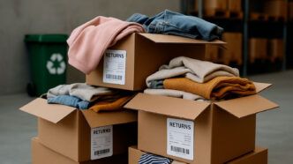 Montones de ropa en cajas que proceden de una devolución