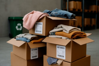 Montones de ropa en cajas que proceden de una devolución