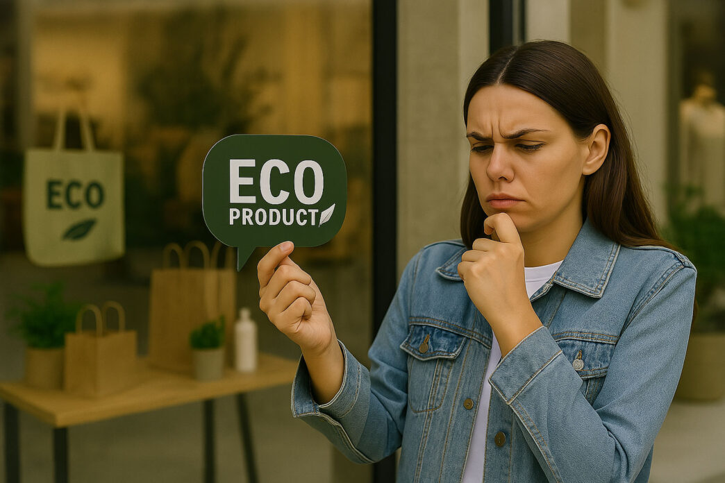 Chica sosteniendo un cartel de producto ecológico con gesto dubitativo