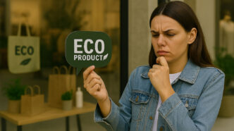 Chica sosteniendo un cartel de producto ecológico con gesto dubitativo