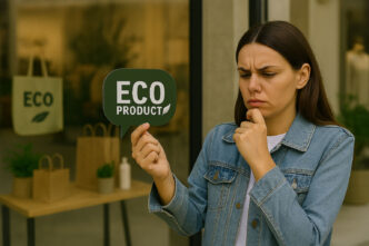 Chica sosteniendo un cartel de producto ecológico con gesto dubitativo