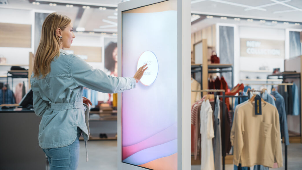 Chica interactuando con una pantalla digital en una tienda física de ropa