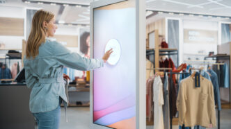 Chica interactuando con una pantalla digital en una tienda física de ropa