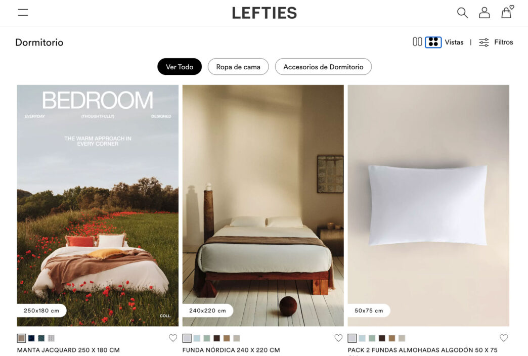Sección de la web de Hogar de Lefties dedicada a Dormitorio