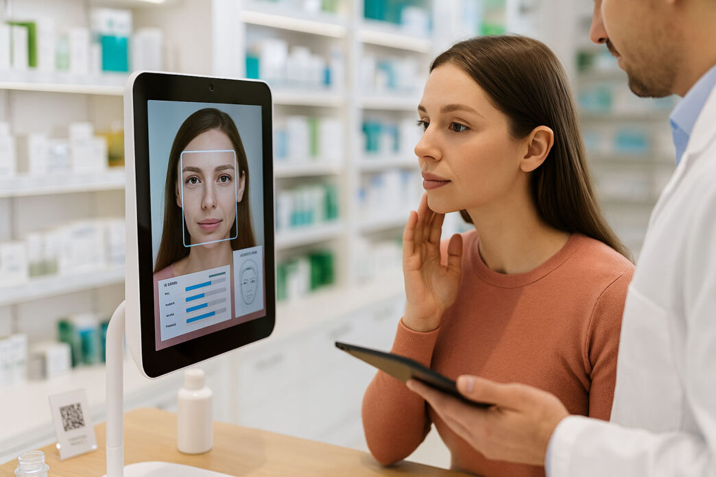 Chica en una farmacia realizándose un análisis de su piel con un software inteligente