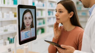 Chica en una farmacia realizándose un análisis de su piel con un software inteligente