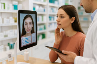 Chica en una farmacia realizándose un análisis de su piel con un software inteligente
