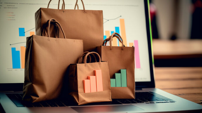 Bolsas de la compra sobre un ordenador con estadísticas.