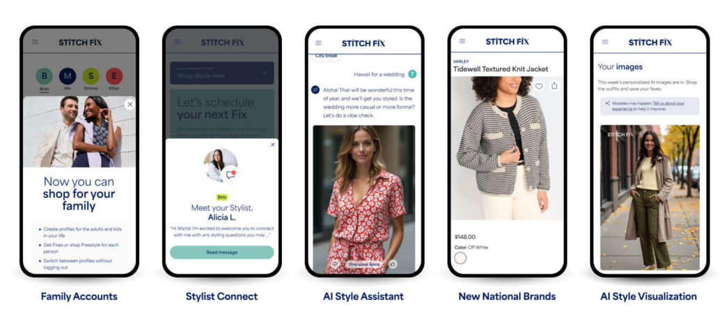 App de Stitch Fix, que ya ofrece imágenes de outfits específicas para cada cliente. STITCH FIX