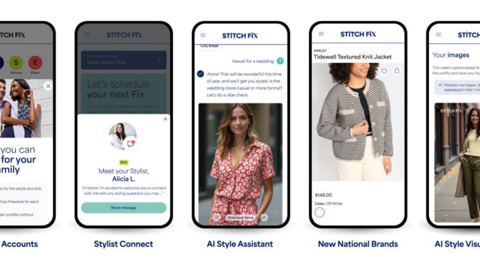 App de Stitch Fix, que ya ofrece imágenes de outfits específicas para cada cliente. STITCH FIX